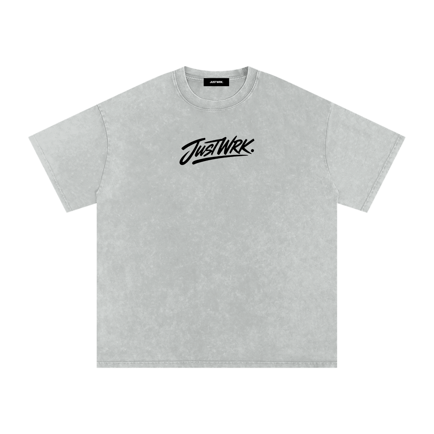 JustWrk Statement Tee in light gray with script logo on the front