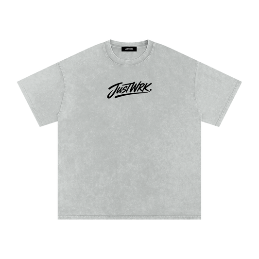 JustWrk Statement Tee in light gray with script logo on the front