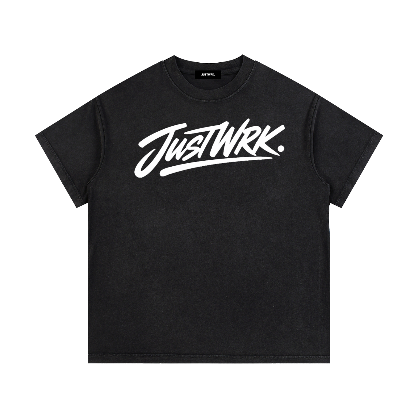 JustWrk Logo Tee in black with clean script logo on the chest